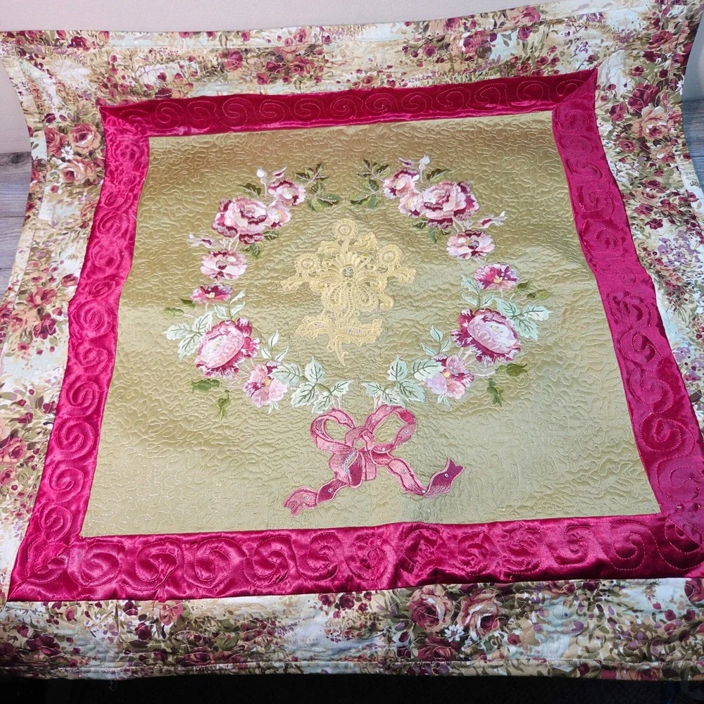 Handmade Quilted Wall Hanging Floral Wreath Lace Cross Rhinestone Gold Pink 2006